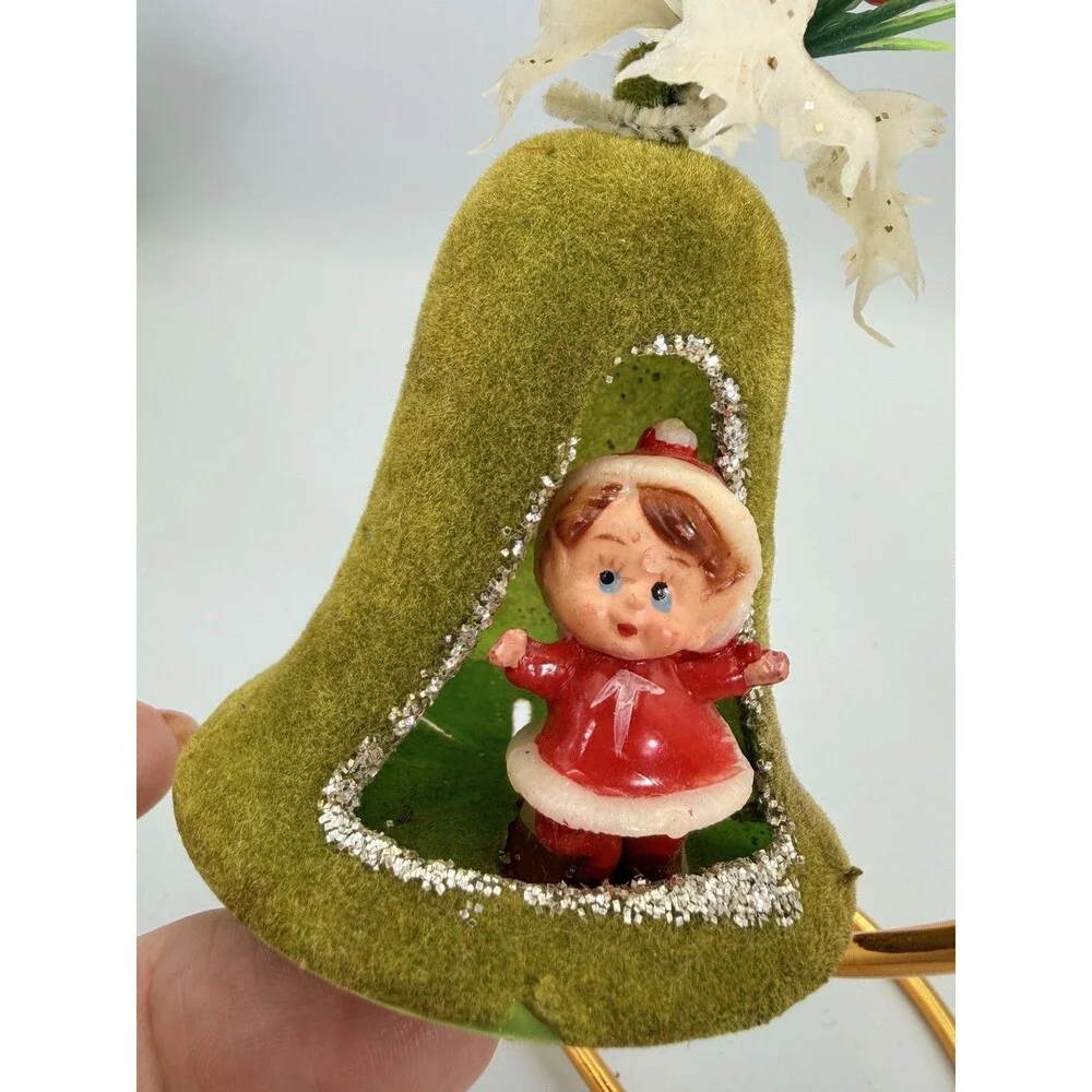 Vintage Flocked Green Bell Christmas Ornament Diorama Elf MCM + Bonus Stickers